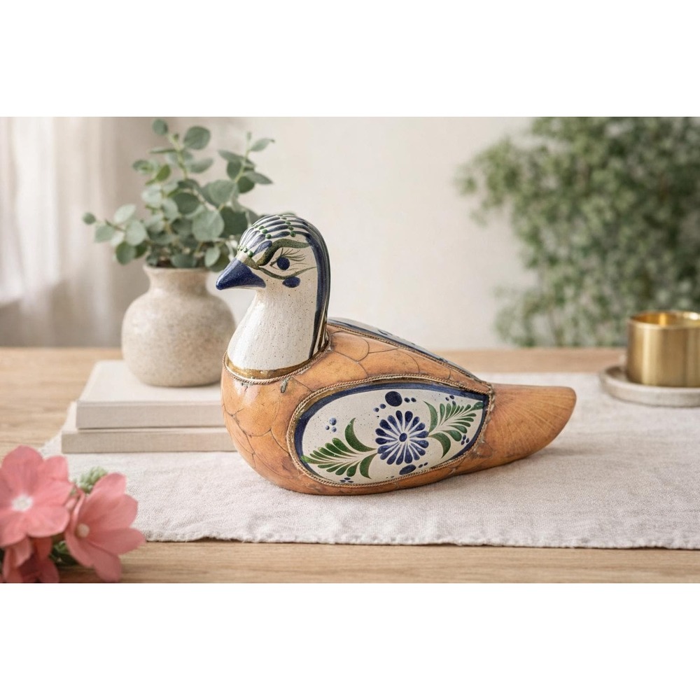 Vintage Brass & Ceramic Bird Figurine Hand Painted Folk Art Boho Decor